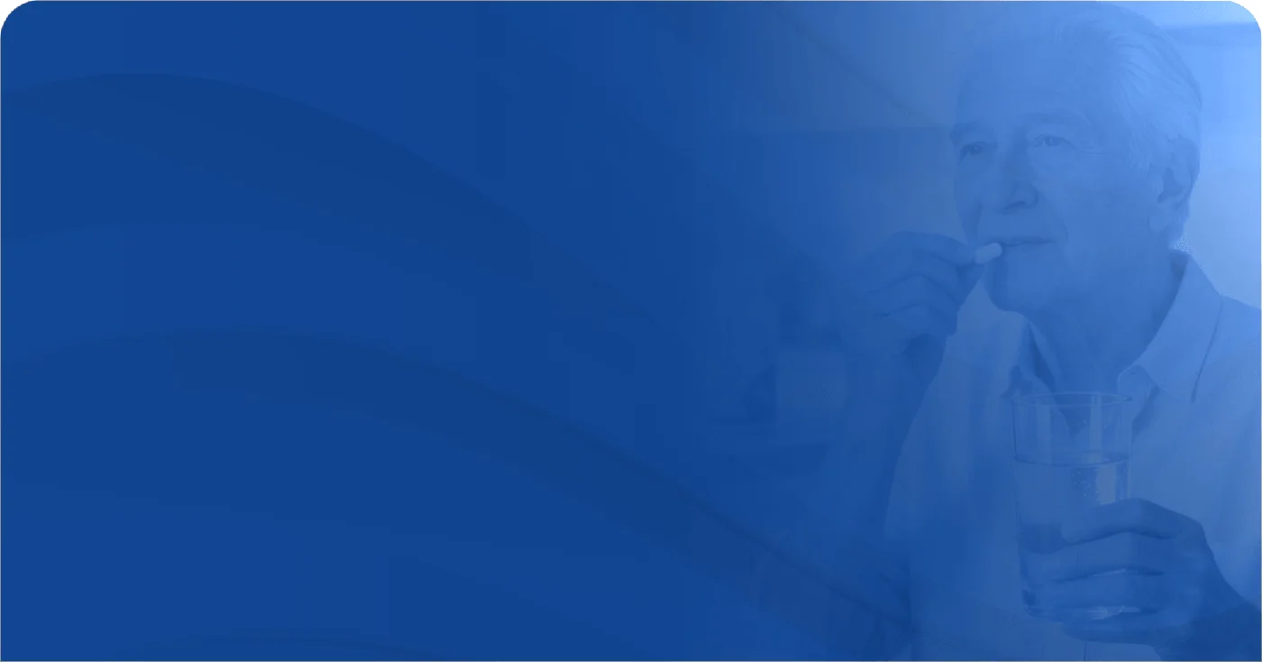 Deep blue section backdrop from the manufacturer's page showing a woman with a glass of water