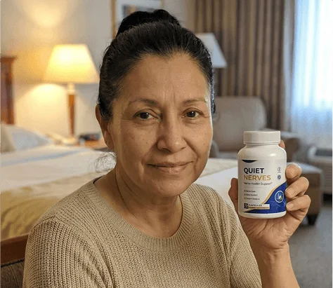 Woman holding a Quiet Nerves nerve vitamin supplement bottle at home