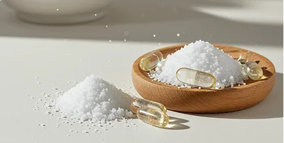 Magnesium glycinate powder in a wooden bowl, the first ingredient listed for Quiet Nerves