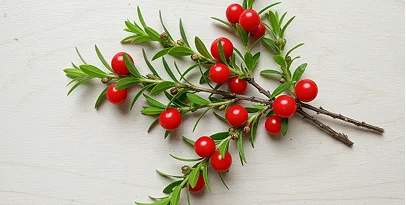 Butcher's broom berries on the branch, the third ingredient listed for Quiet Nerves